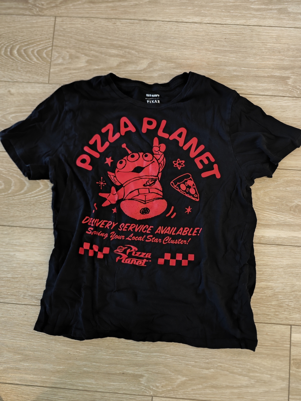 Old Navy Black Tee with Red Pizza Planet Graphic